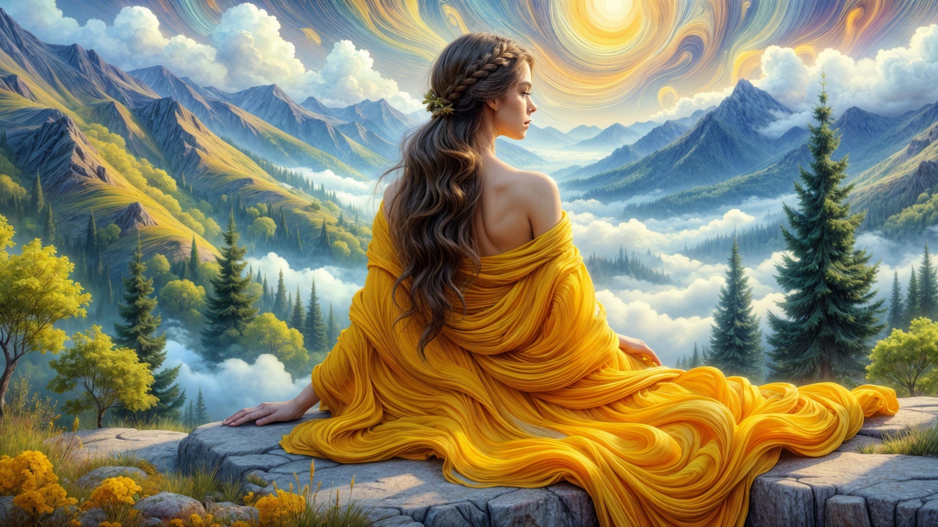 Serene Woman in Yellow Shawl Overlooking Mountains