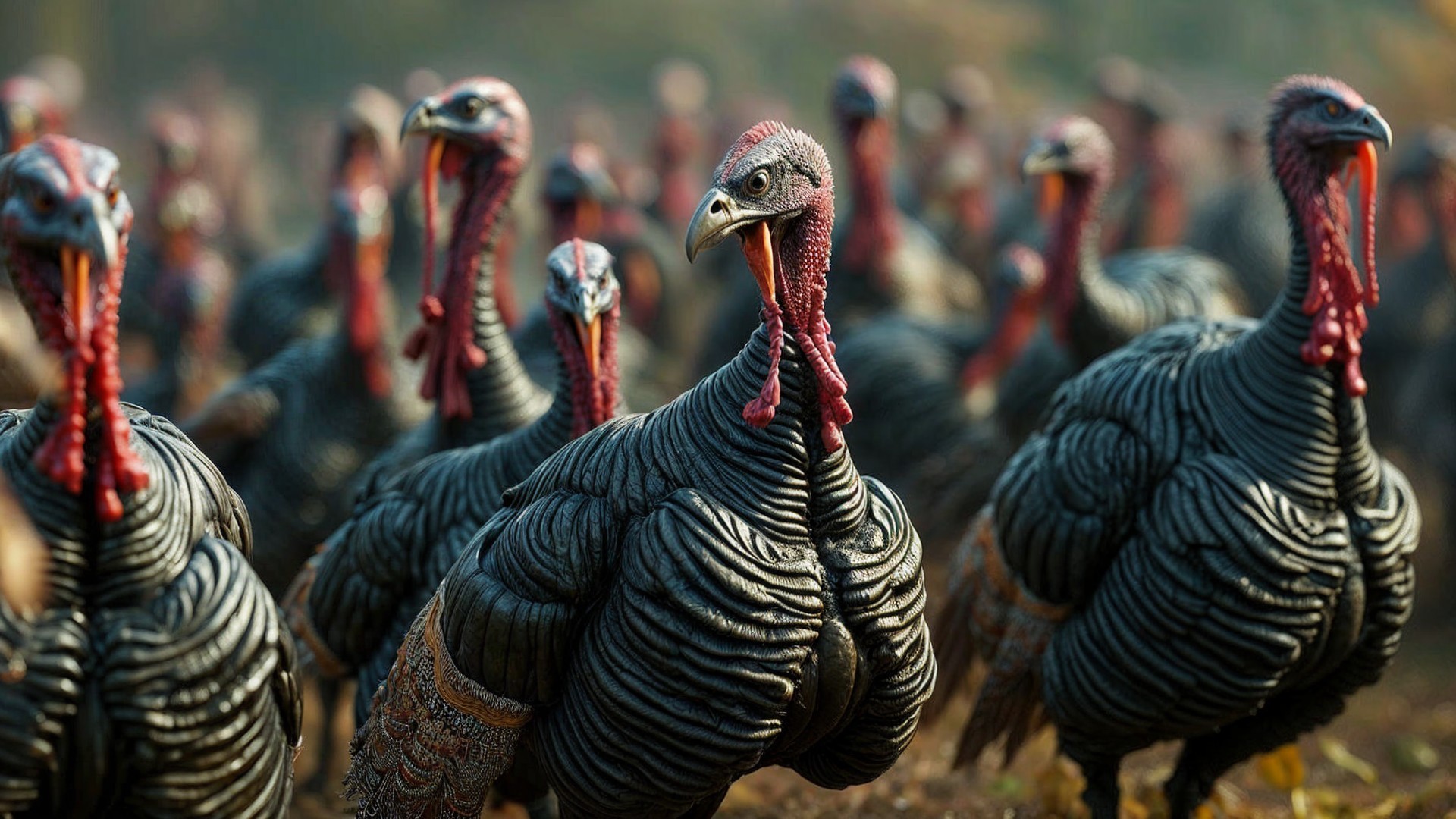 Turkeys in a sunlit field with intricate feather textures
