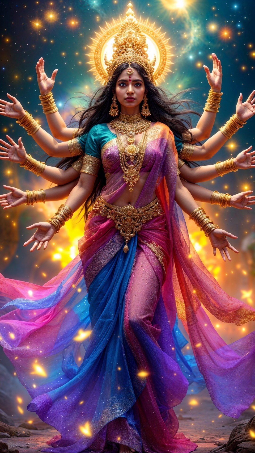 Divine figure in colorful fabrics with cosmic backdrop