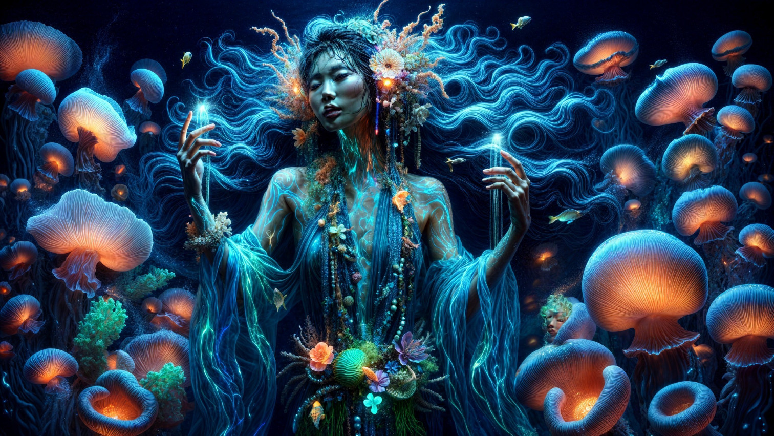 Mystical Underwater Scene with Bioluminescent Elements