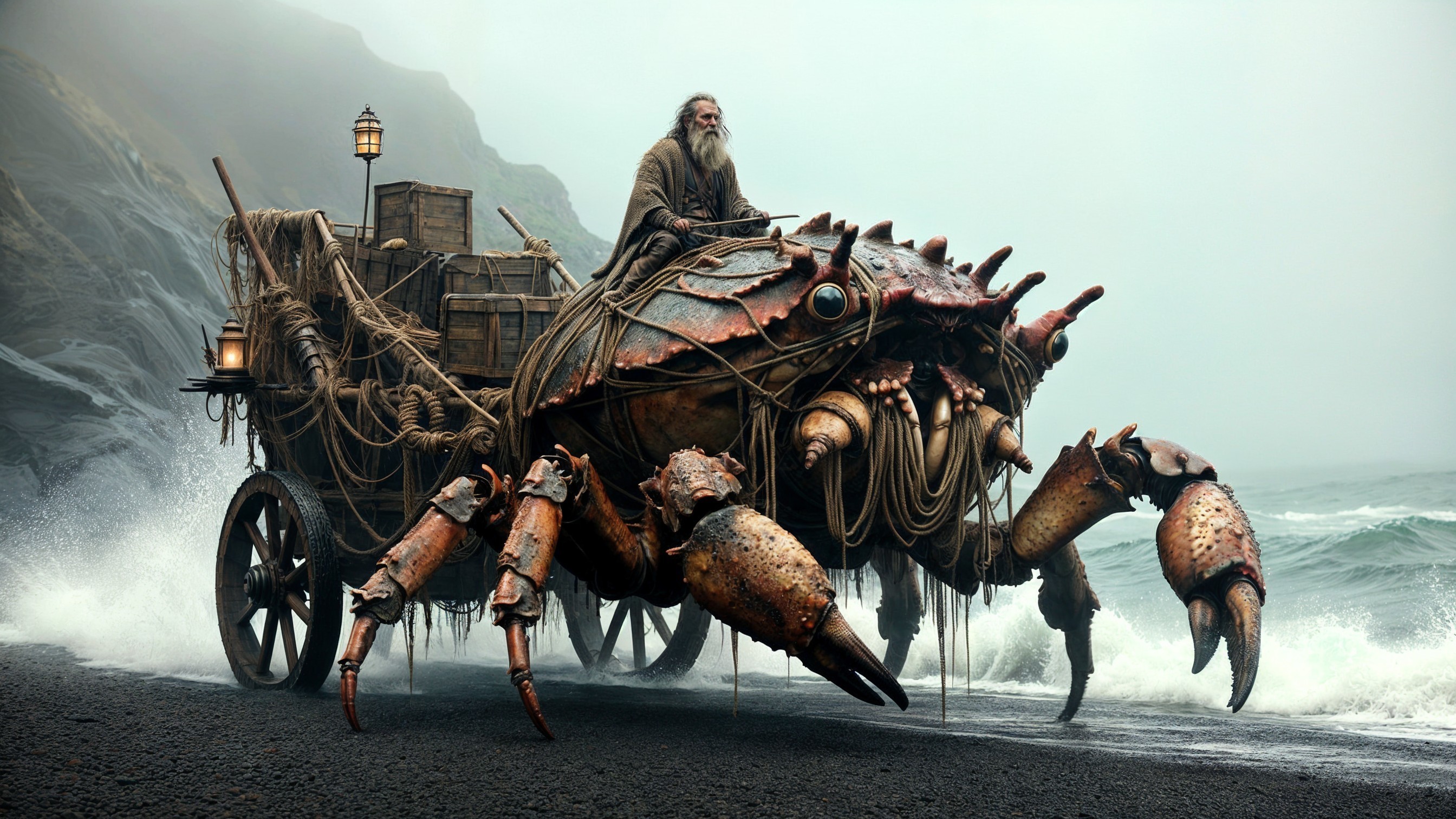Giant Crab Cart on Misty Shore with Adventurous Figure