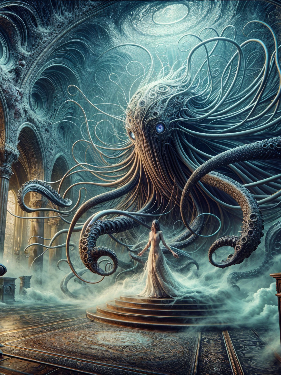 Majestic Tentacled Creature in Gothic Chamber