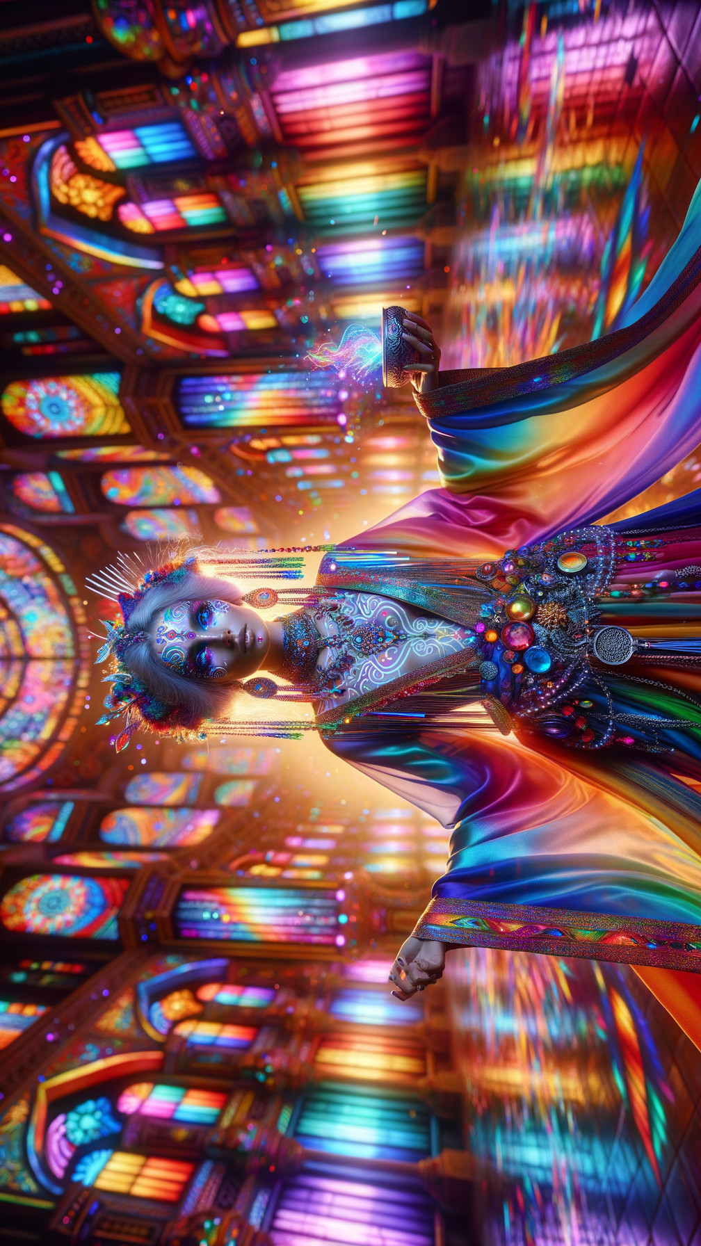 Mystical Figure in Vibrant Stained Glass Hall
