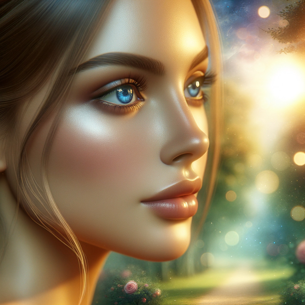 Portrait of a Woman with Blue Eyes and Ethereal Background