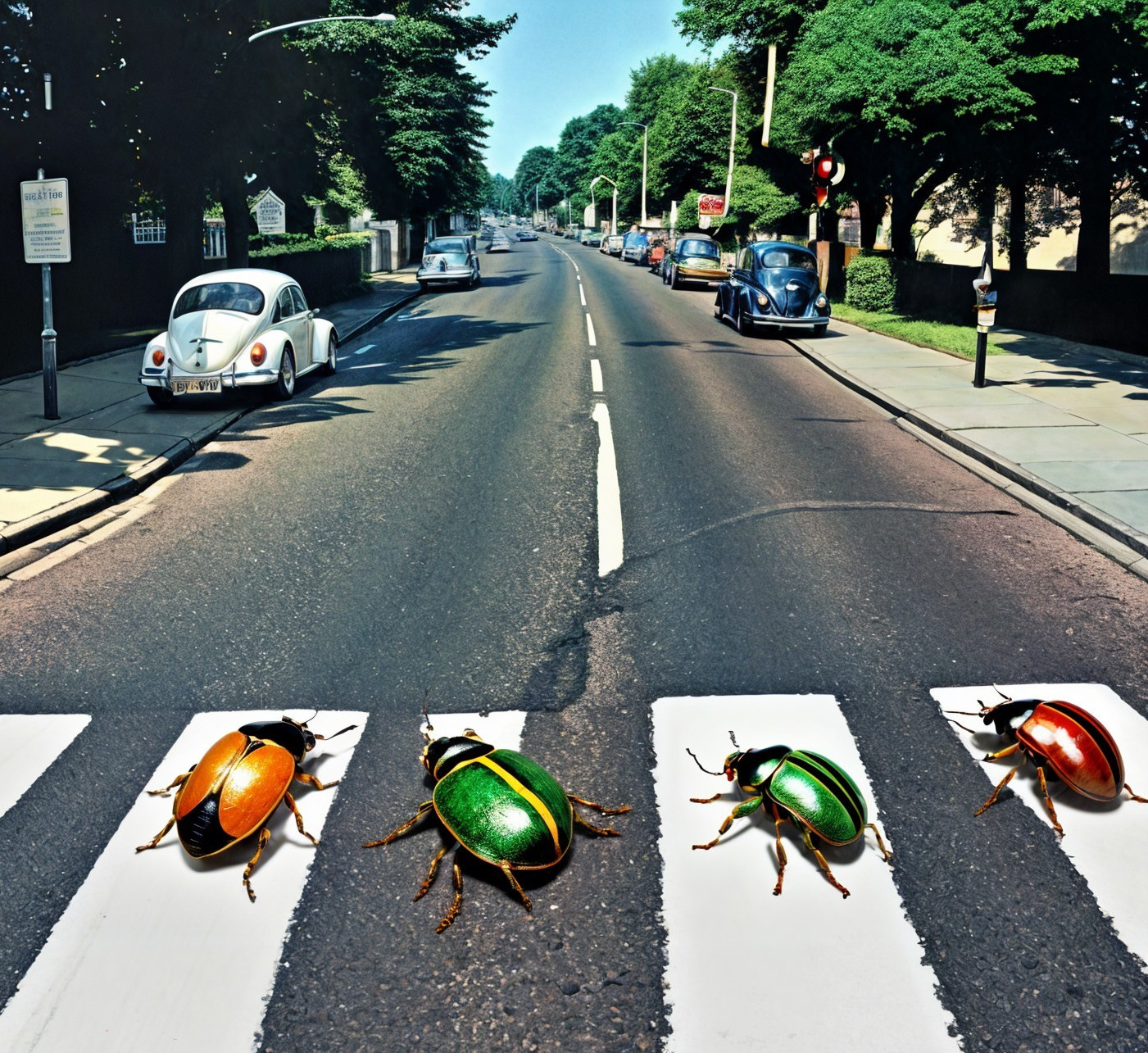 Colorful Beetles on a Classic Crosswalk Scene
