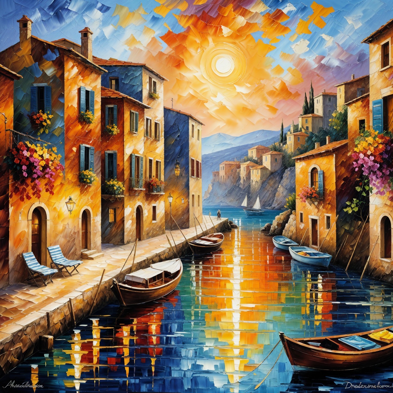 Impressionistic Canal Scene at Sunset with Boats