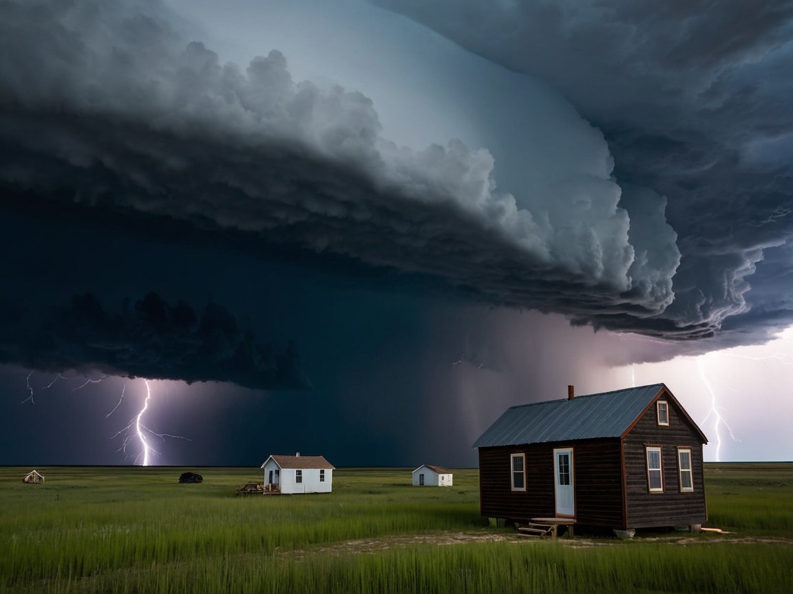 Dramatic Landscape with Stormy Sky and Wooden House