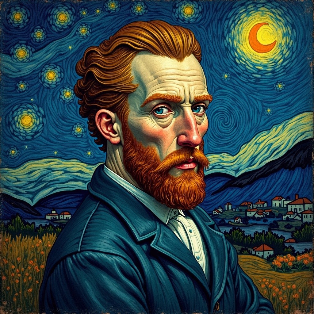 Stylized Portrait of a Man with Red Beard and Starry Sky