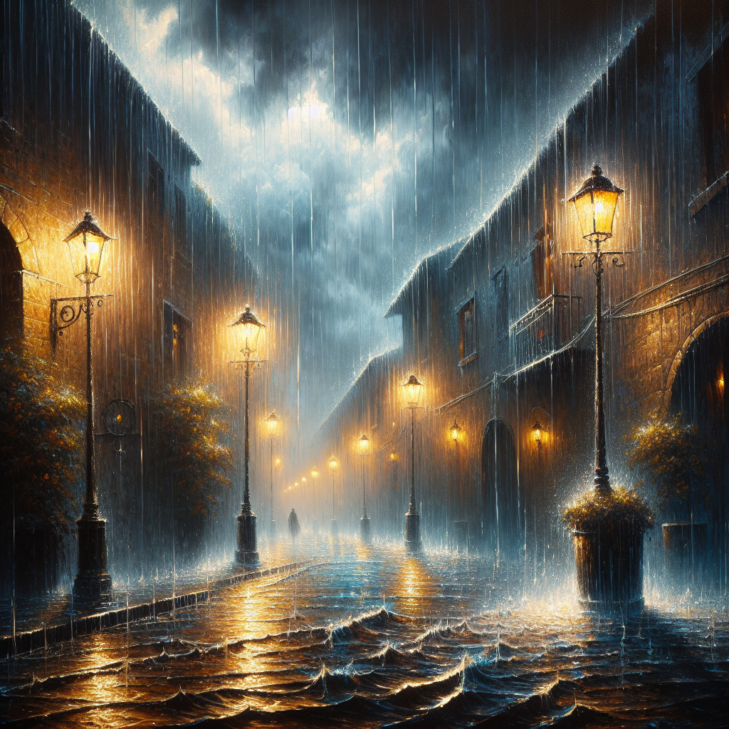 Rainy Street Scene with Vintage Street Lamps and Cobblestones