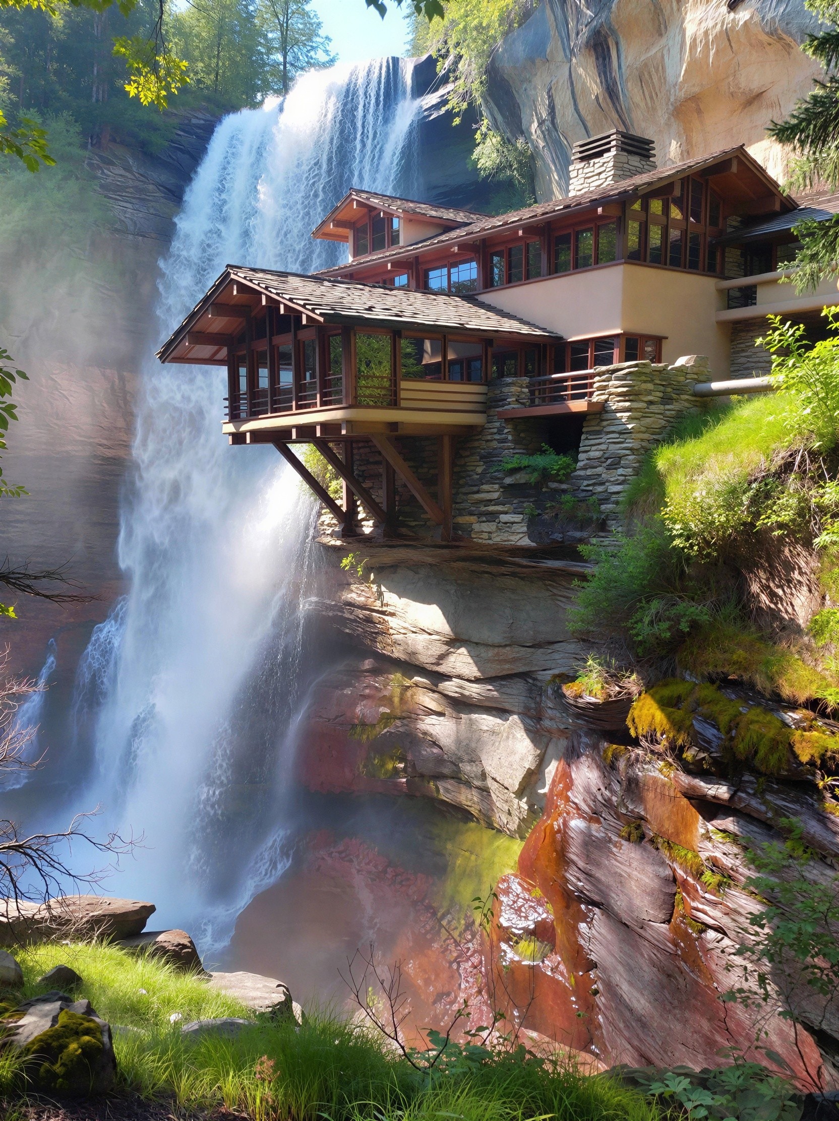 Cliffside Modern House by Two-Tiered Waterfall