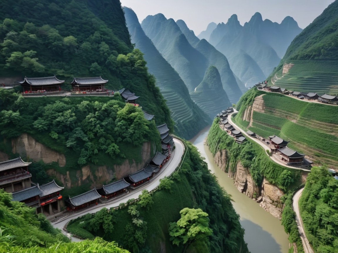 Lush Green Mountains and Terraced Hillside Landscape