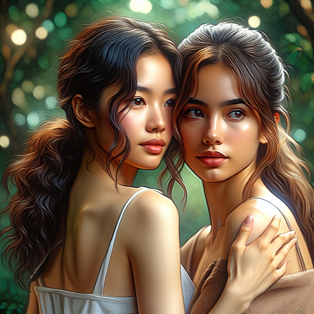 Young women in a lush green setting with soft light