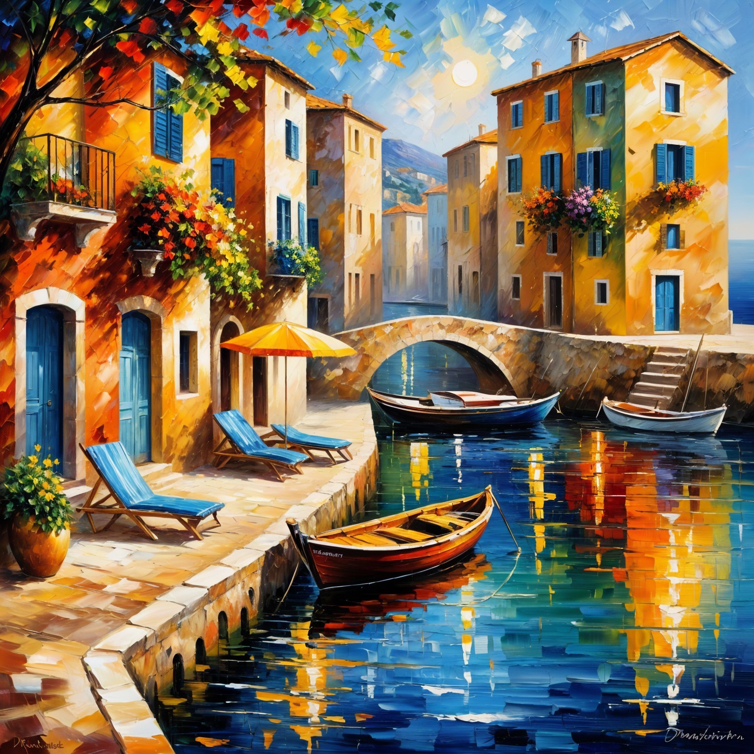 Vibrant Oil Painting of a Mediterranean Village Scene