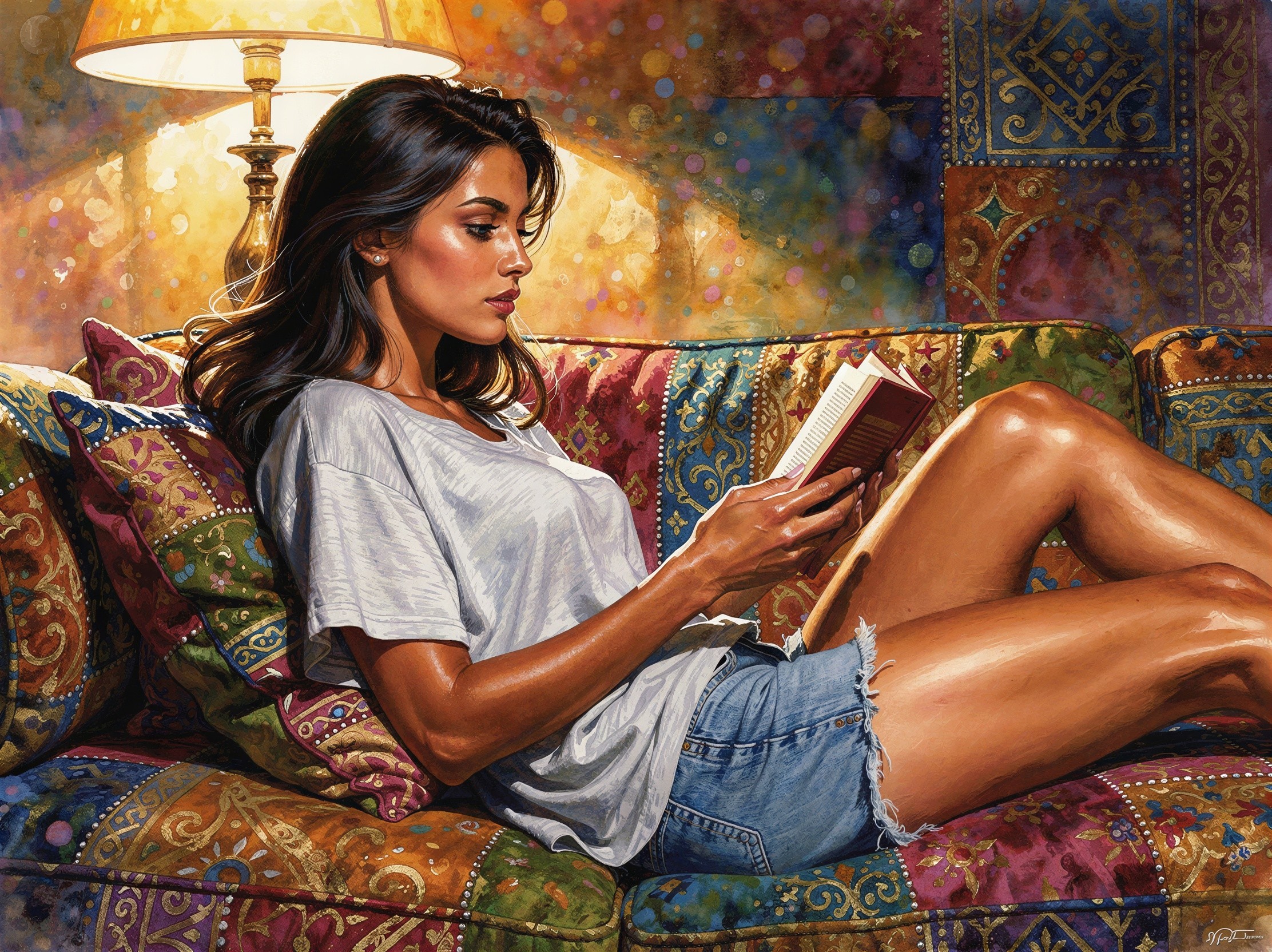 Painting of a woman lounging on a bohemian couch