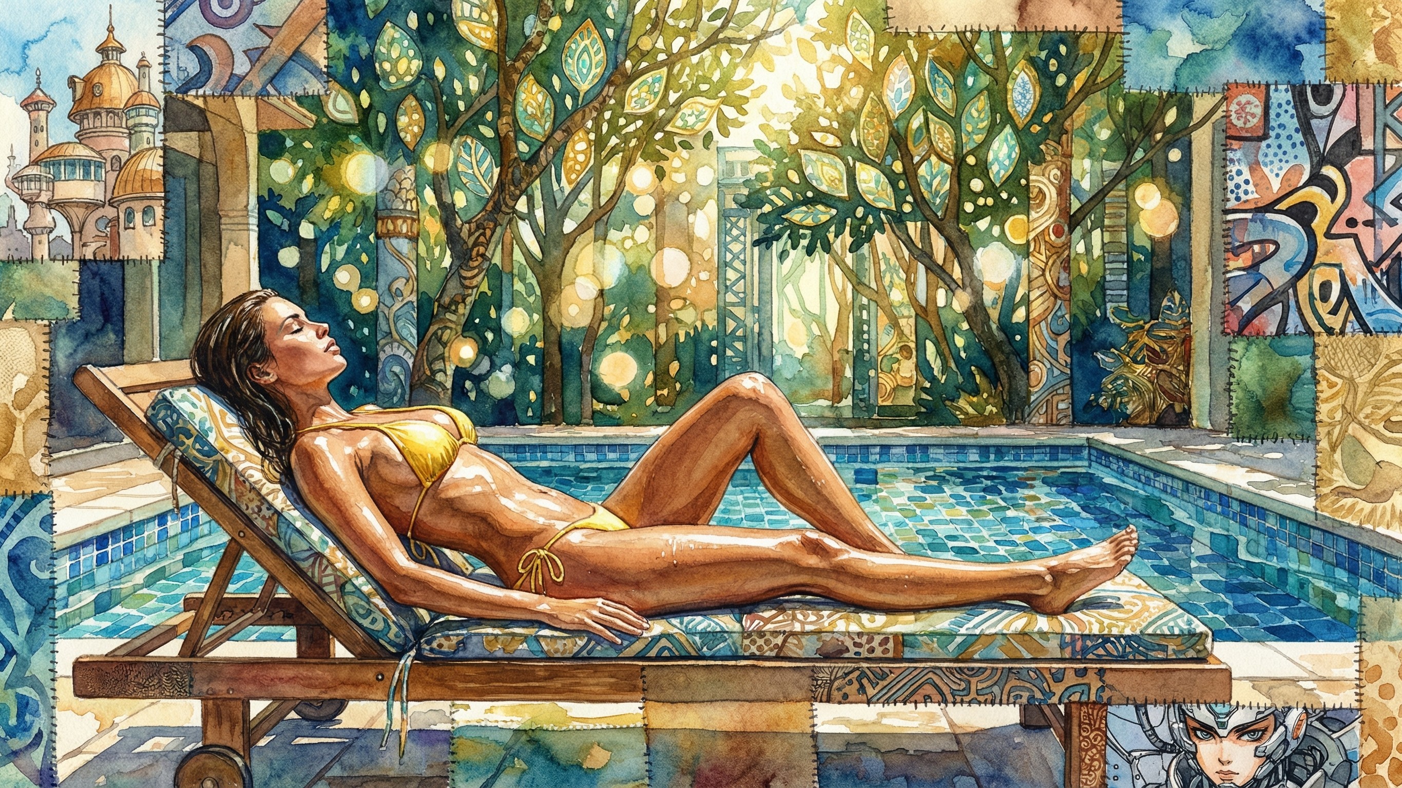 Watercolor Painting of Woman Sunbathing by Pool