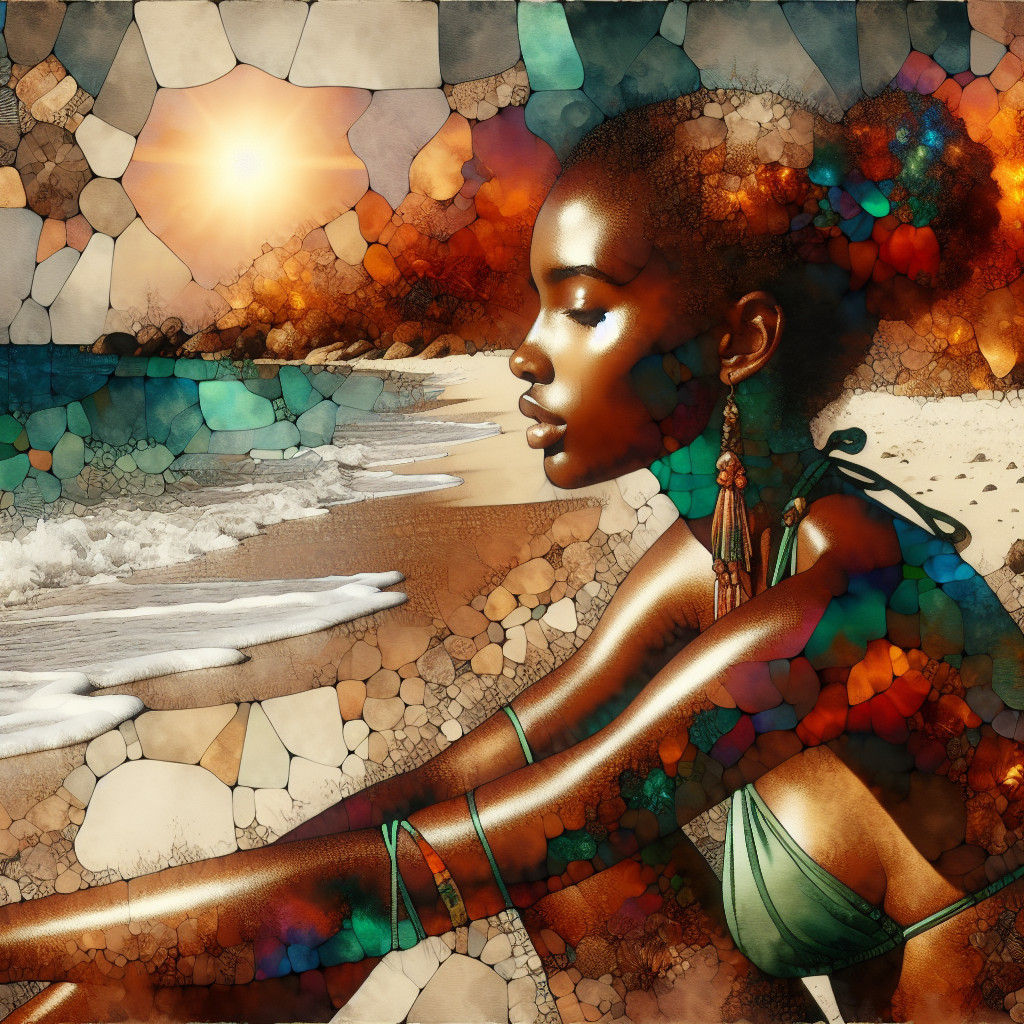 Serene Woman by Shoreline in Vibrant Beach Scene