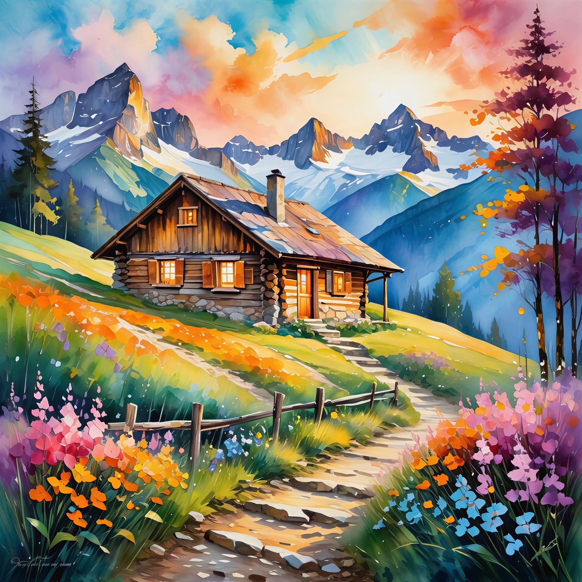 Watercolor of a Cabin on a Colorful Hillside