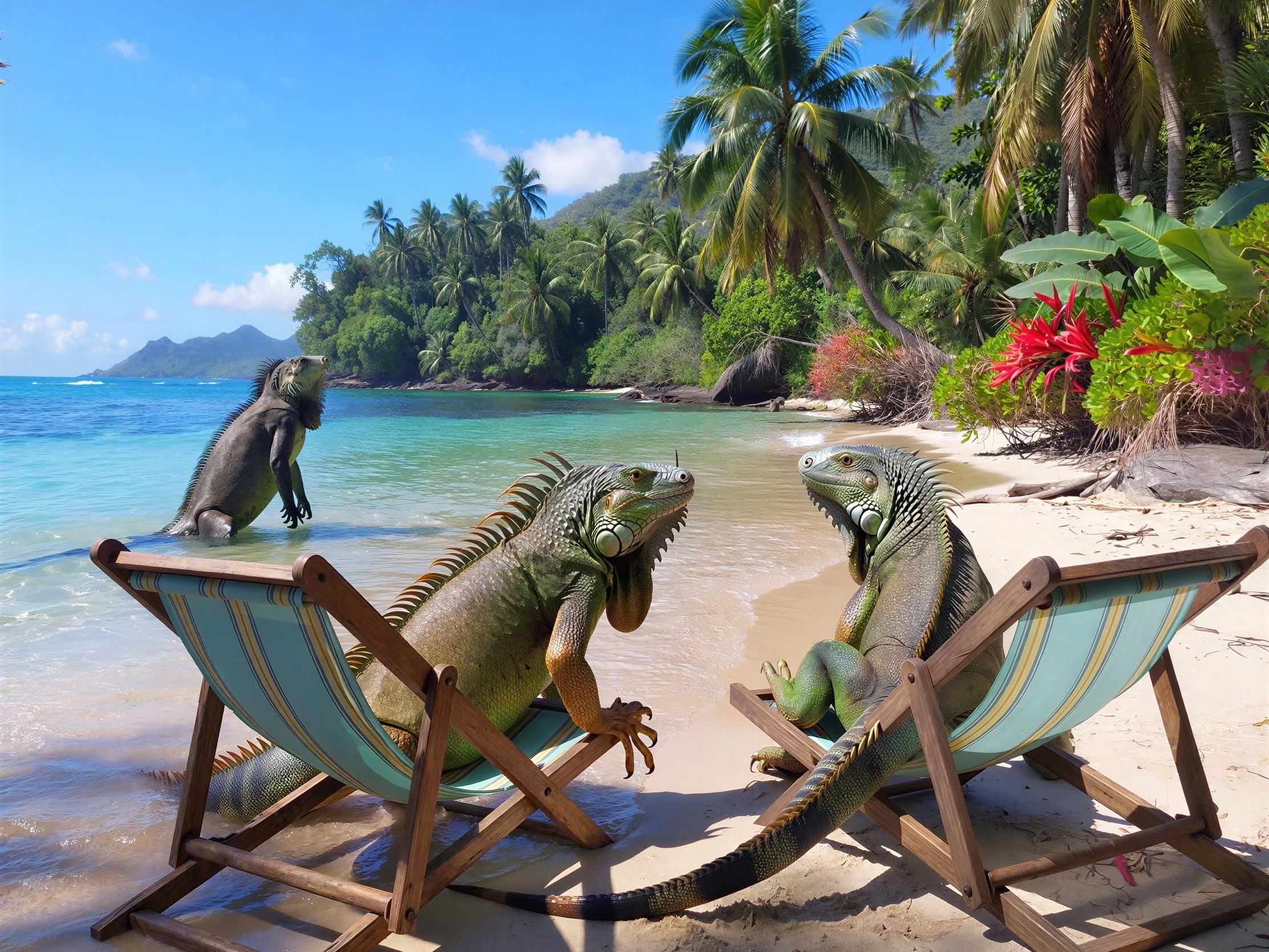 Iguanas on a Tropical Beach with Chairs and Water