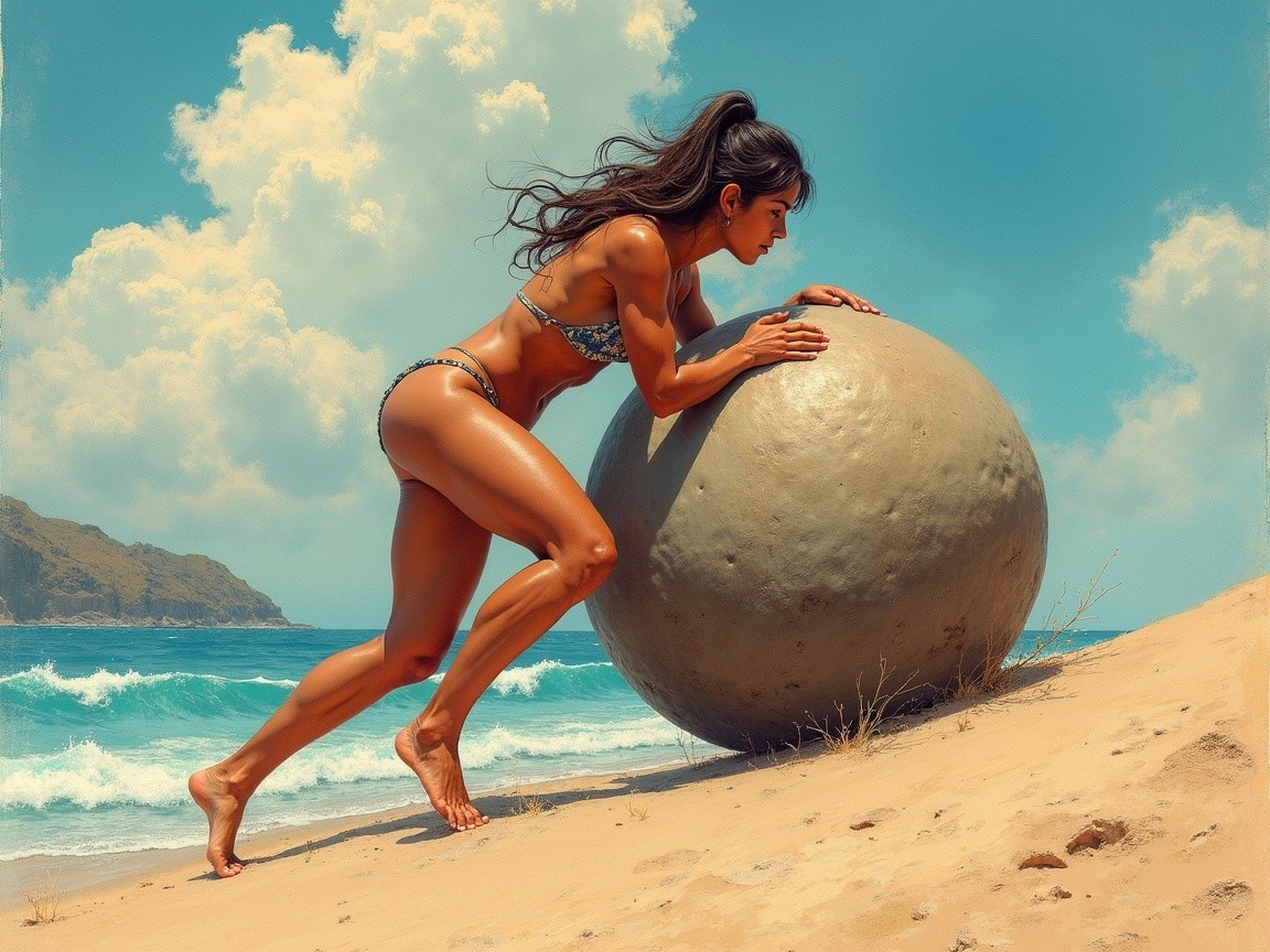 Woman in Bikini Pushing Rock on Sunny Beach