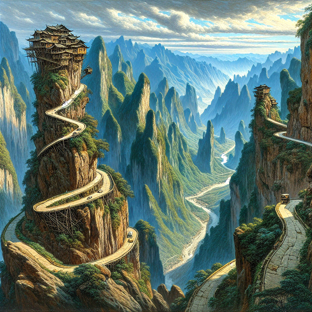 Fantastical Landscape with Mountains and Rustic Structure