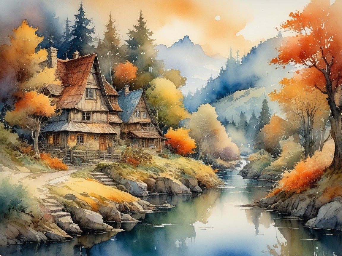 Watercolor Landscape of Rustic Houses by River