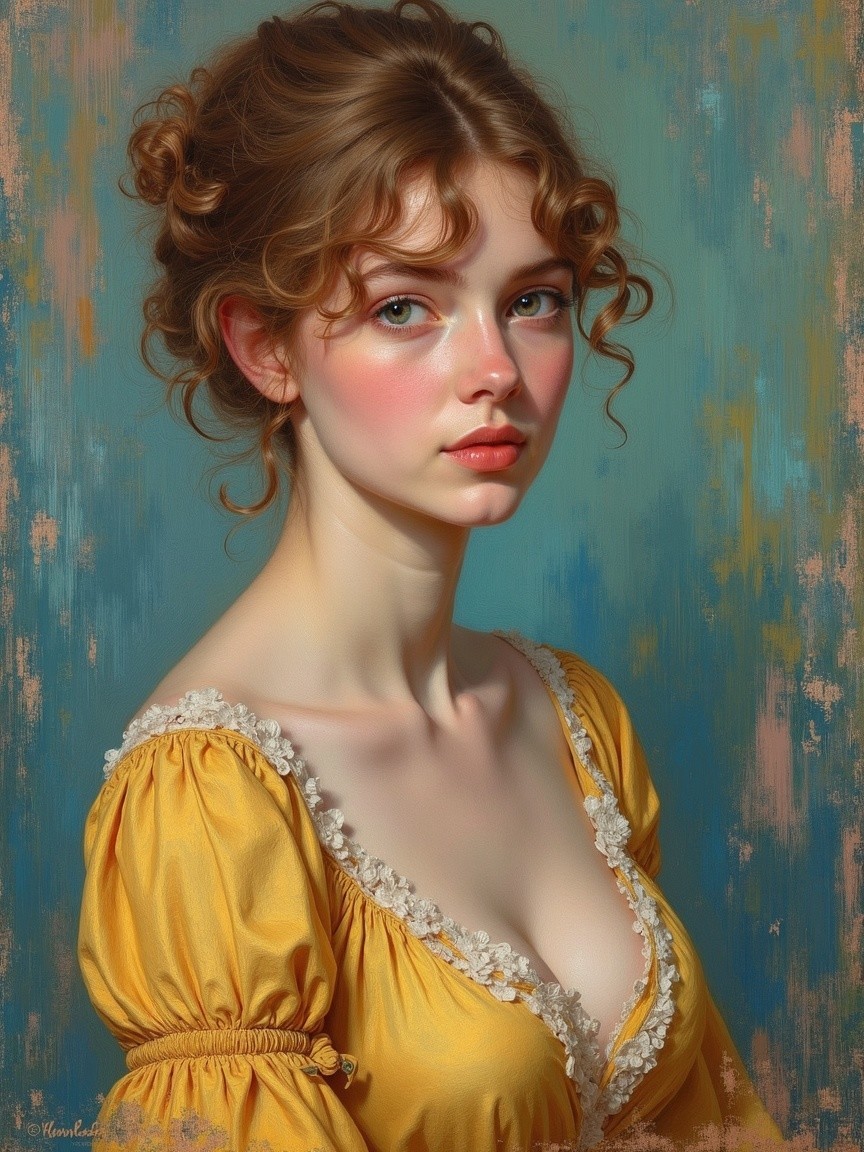 Young woman in yellow dress with curly hair and blush