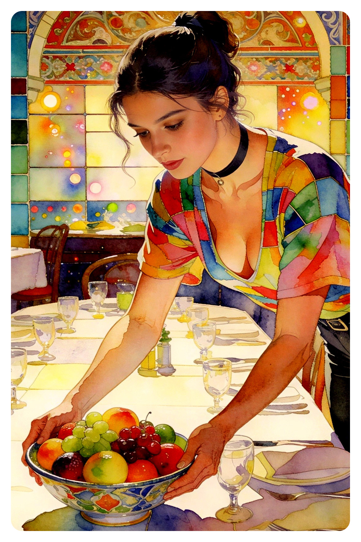 Watercolor depiction of a woman in a restaurant setting