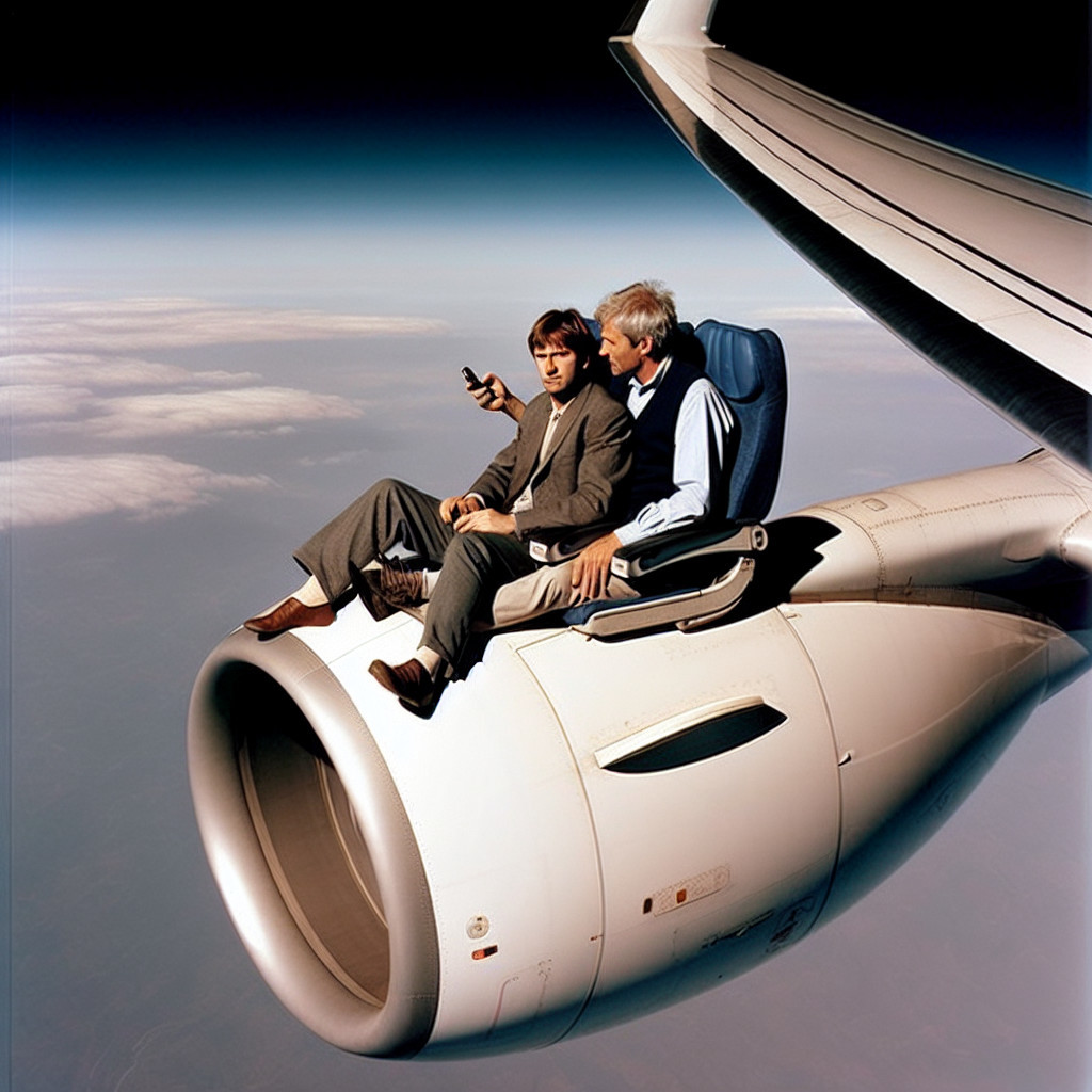Men in Suits Relaxing on Jet Engine Above Clouds