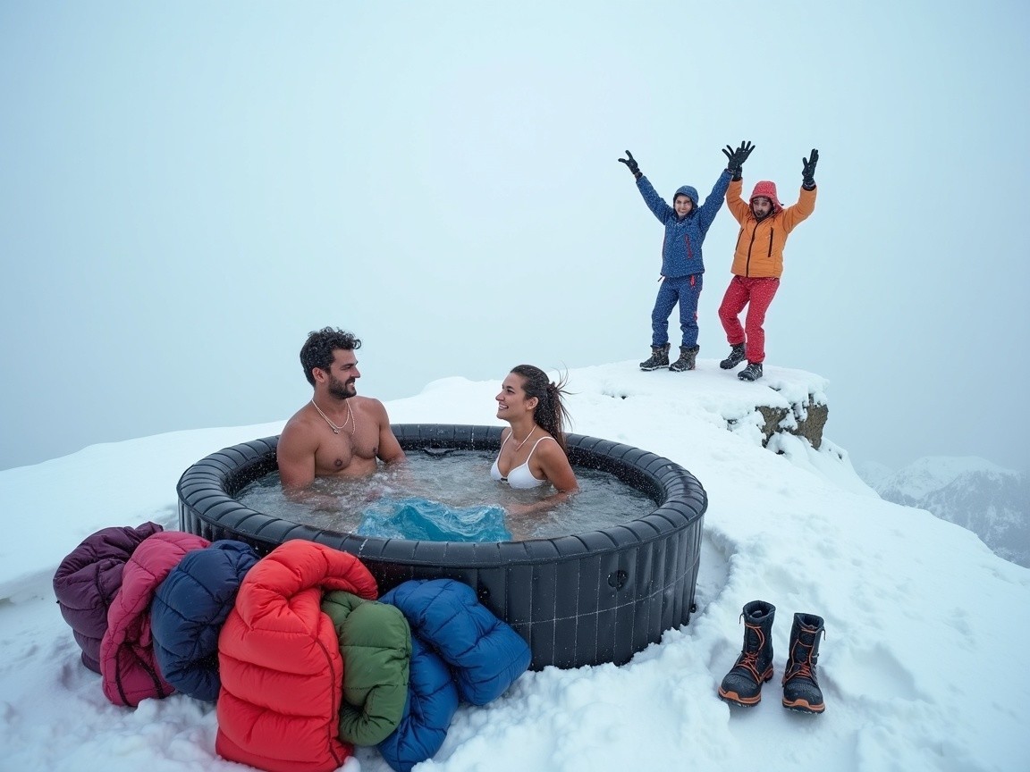 Couple in Hot Tub on Snowy Mountain Peak
