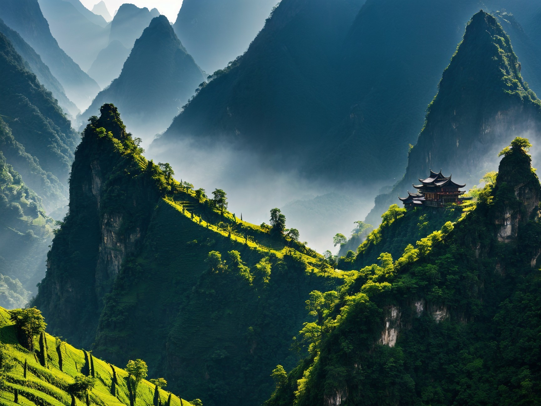 Majestic mountains with lush greenery and mist