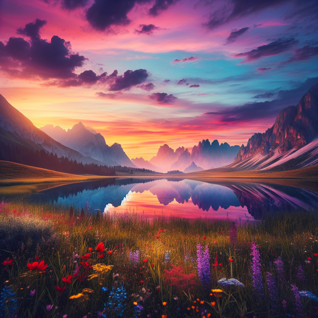Vibrant Sunset Over a Serene Lake and Mountains