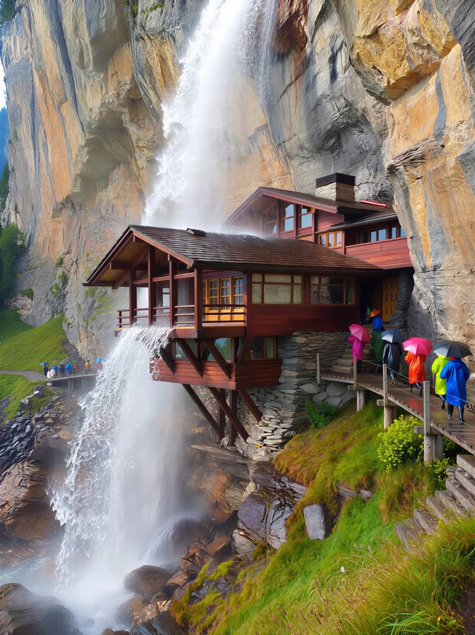 Waterfall beside unique cliffside house with balcony