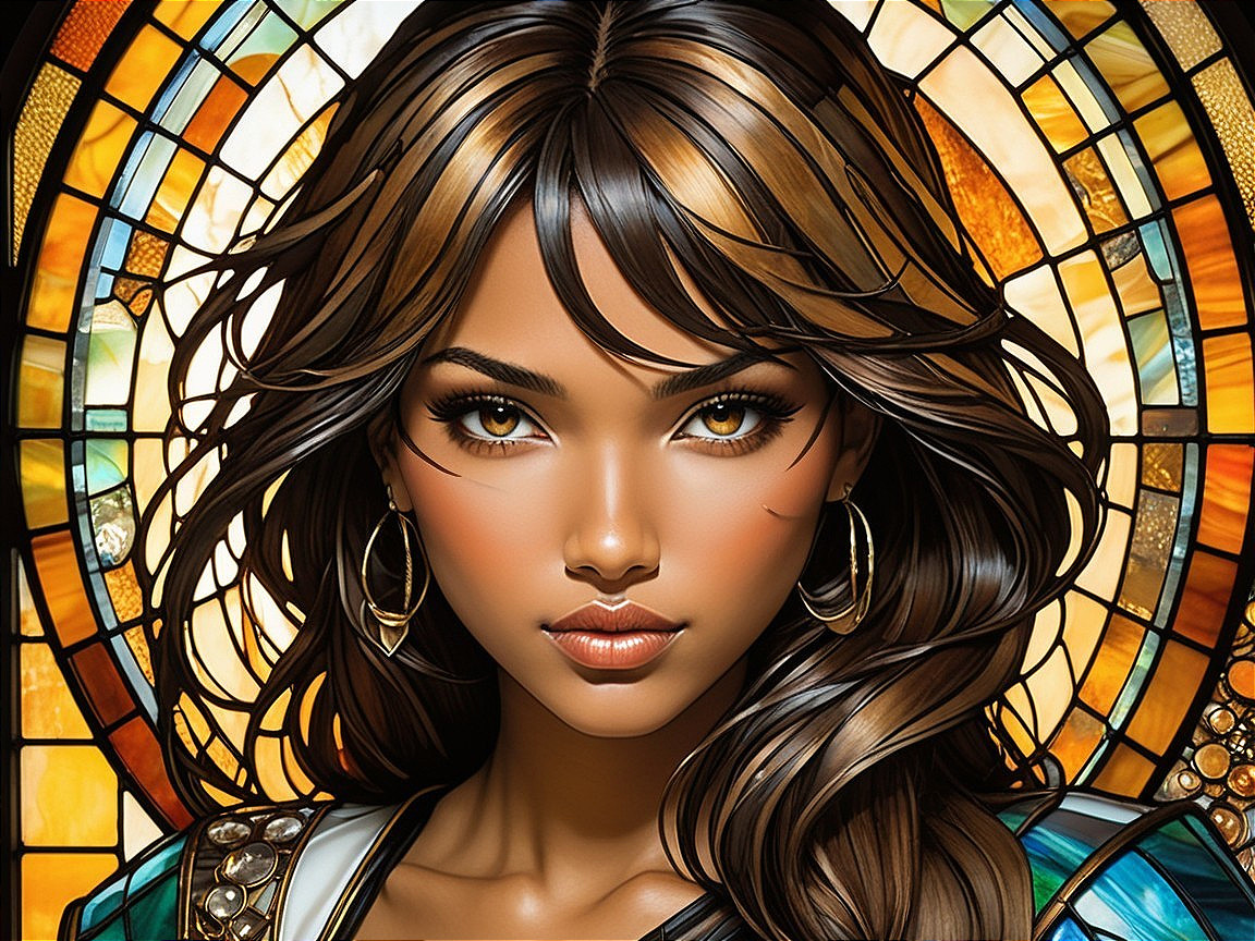 Portrait of a Young Woman with Stained Glass Background