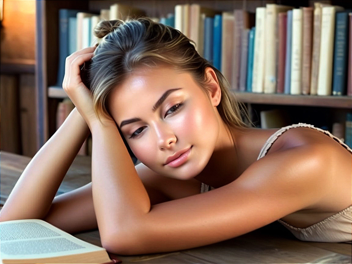 Young woman in cozy library with serene expression