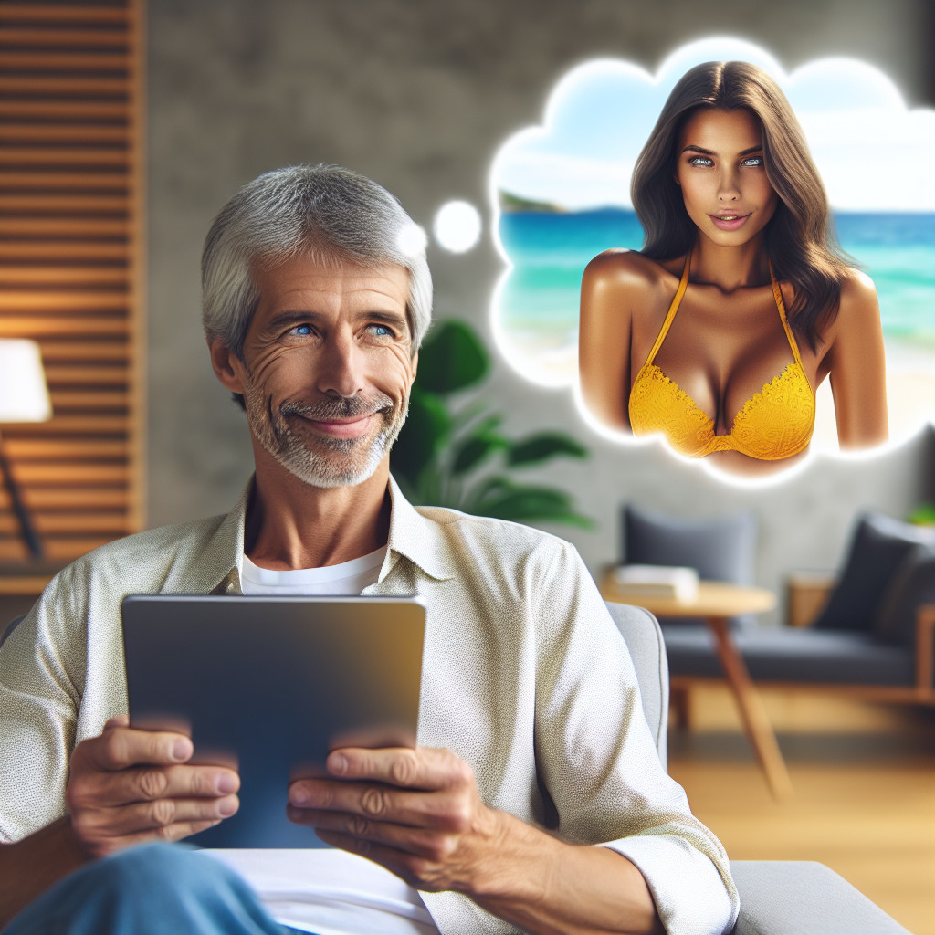 Gray-haired man daydreams in modern living room setting