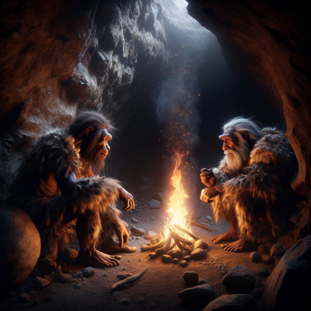 Ancient Hominids by Fire in Dim Cave Setting
