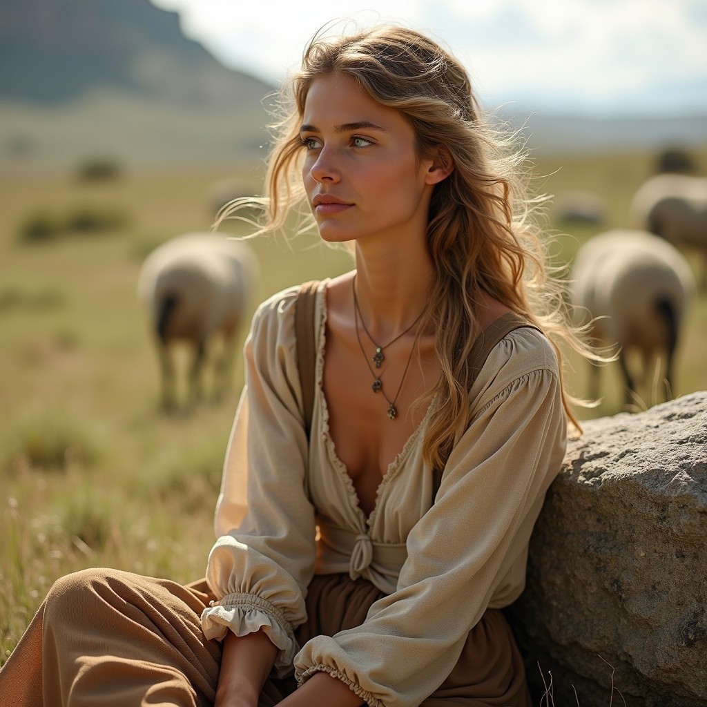 Young woman in grassy landscape with sheep nearby