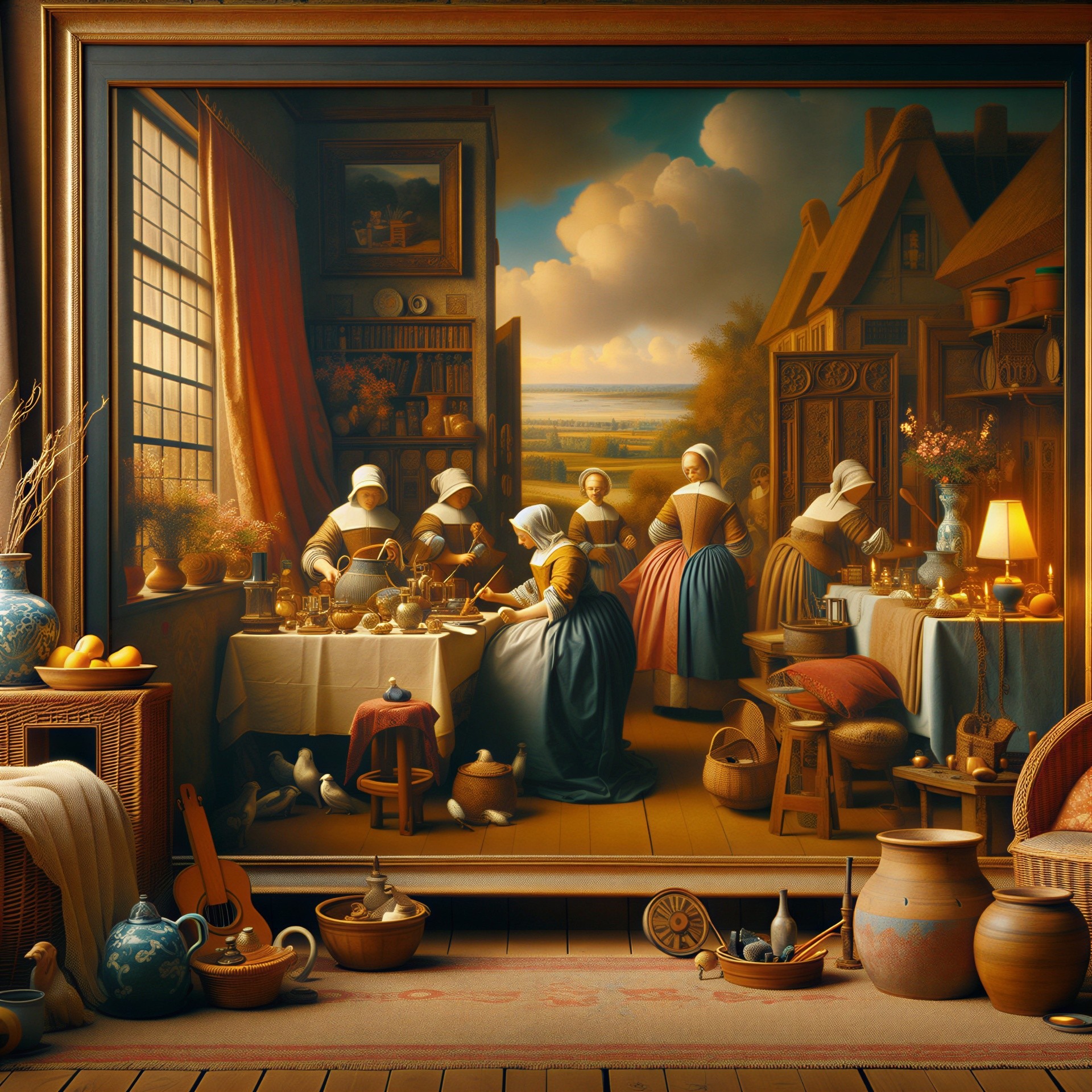 Rustic Interior with Women in Domestic Activities