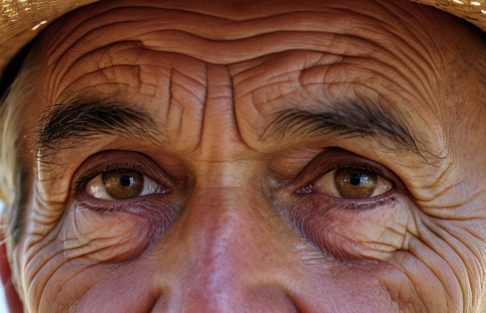 Close-up of an elderly man's textured face and eyes