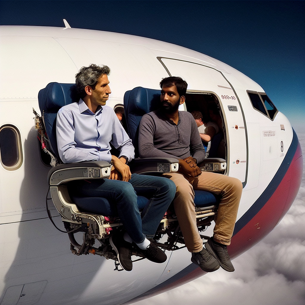 Surreal Scene of Men in Airplane Seats Among Clouds