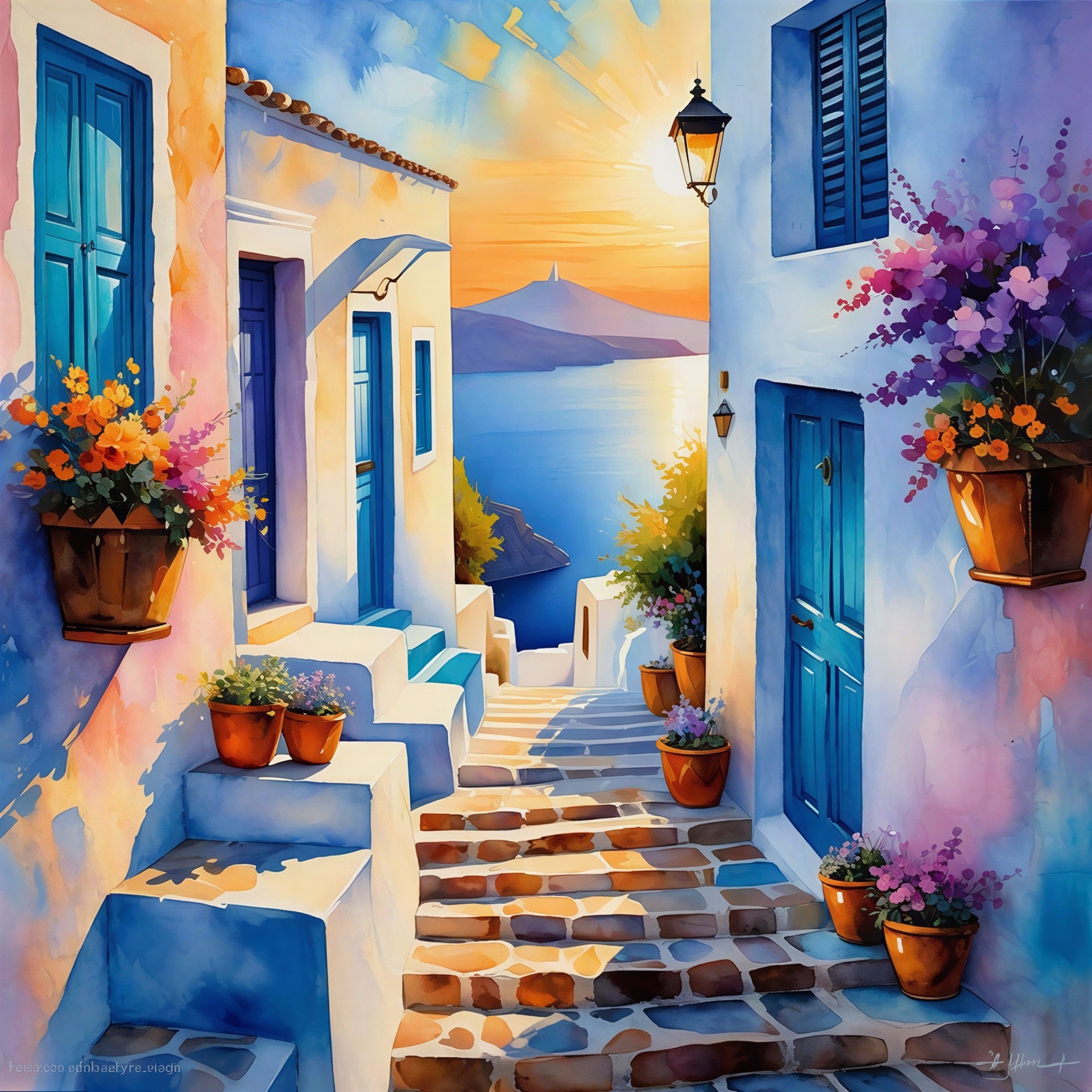 Watercolor depiction of a Greek alleyway at sunset