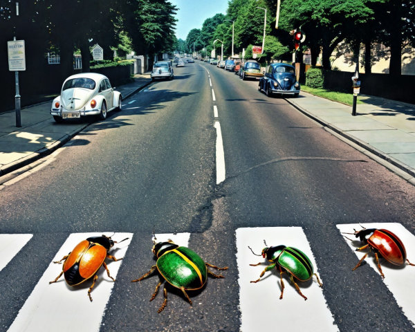Colorful Beetles on a Classic Crosswalk Scene