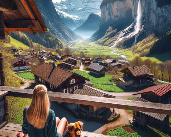 Serene Valley Landscape with Mountains and Waterfall