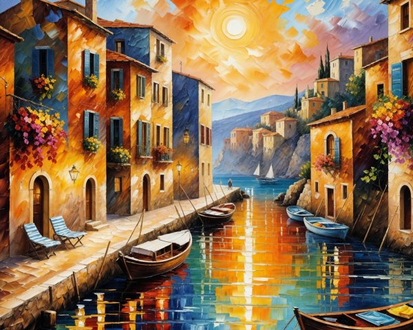 Impressionistic Canal Scene at Sunset with Boats