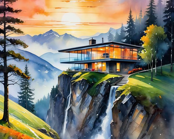 Watercolor of Modern House on Cliff at Sunset