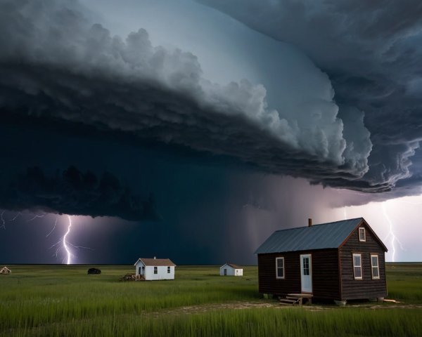 Dramatic Landscape with Stormy Sky and Wooden House