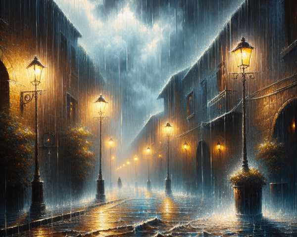 Rainy Street Scene with Vintage Street Lamps and Cobblestones