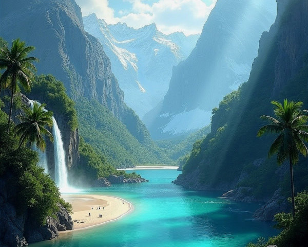 Serene Landscape with Turquoise River and Waterfall