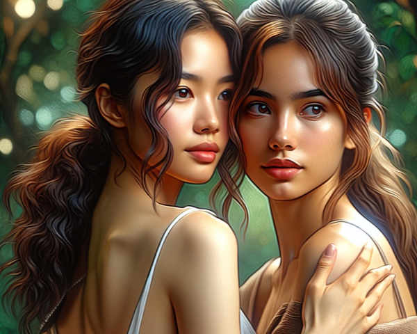 Young women in a lush green setting with soft light