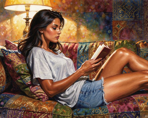 Painting of a woman lounging on a bohemian couch